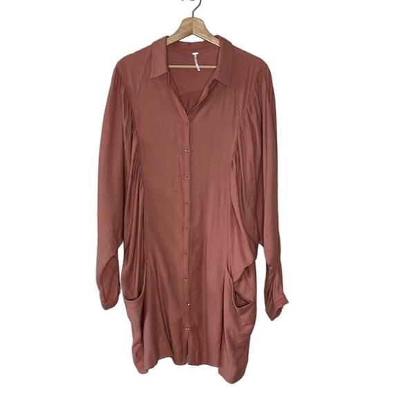 FREE PEOPLE FADE WAY CORAL BUTTON-UP SHIRT  DRESS SIZE‎ L/G - Picture 1 of 8